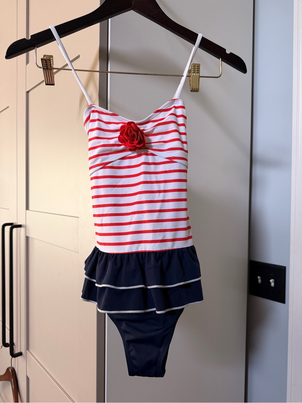 Janie and Jack Red & Navy Striped Ruffle One-Piece Swimwear with Flower
